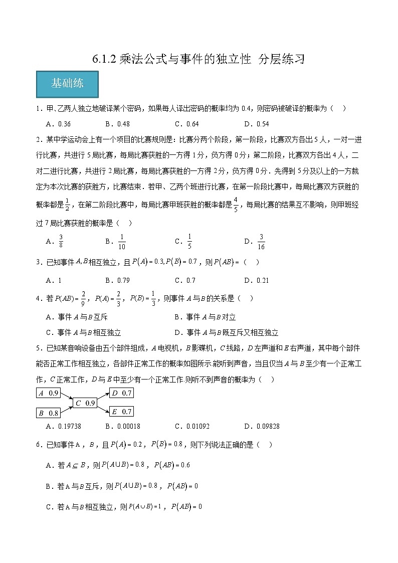 北师大版数学高二选择性必修第一册 6.1.2 乘法公式与事件的独立性 分层练习01