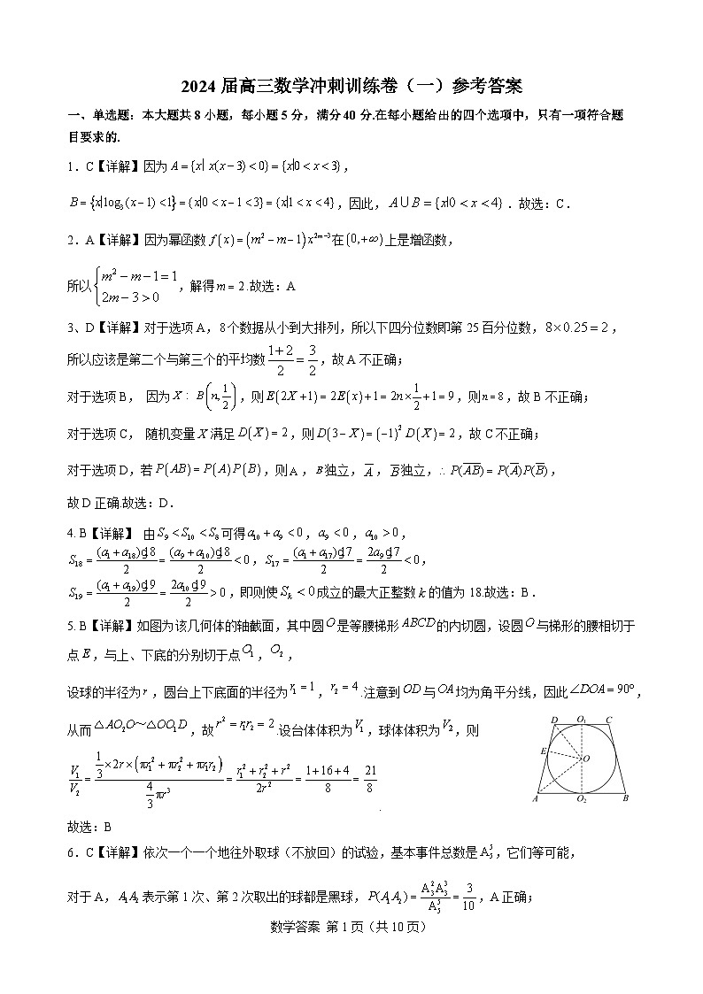 2024届高三数学冲刺训练卷（一）参考答案(定稿)第1页