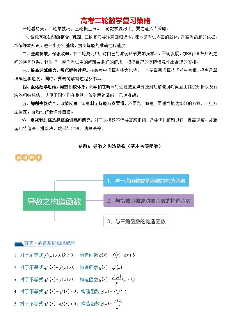 专题6 导数之构造函数（基本初等函数）（讲义）-【压轴】2024高考数学二轮复习函数与导数压轴题01