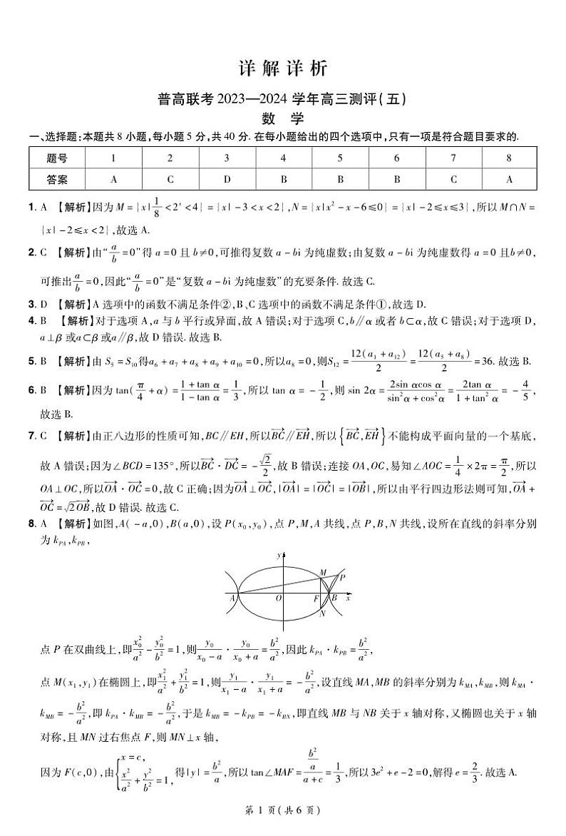 河南省2024年高三五测数学试卷 详解详析第1页