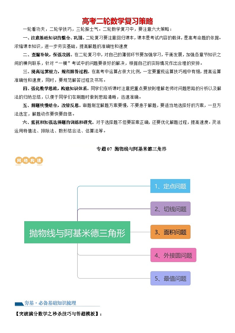 专题07 抛物线与阿基米德三角形（讲义）-2024高考数学二轮复习解析几何压轴题01