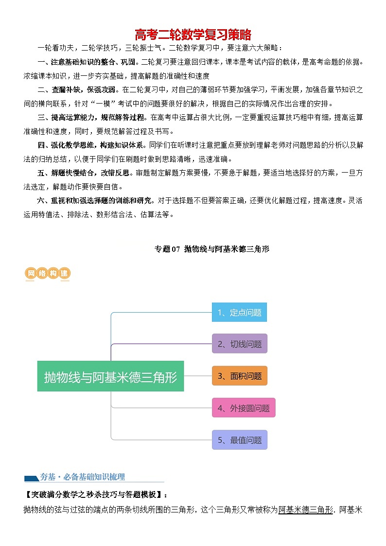 专题07 抛物线与阿基米德三角形（讲义）-2024高考数学二轮复习解析几何压轴题01