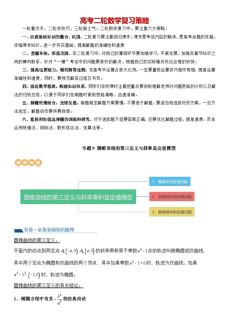 专题09 圆锥曲线的第三定义与斜率乘积是定值模型（讲义）-2024高考数学二轮复习解析几何压轴题01