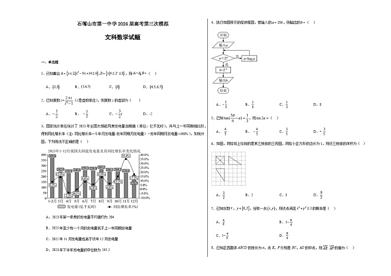 石嘴山市第一中学2024届高考第三次模拟文科数学试题第1页