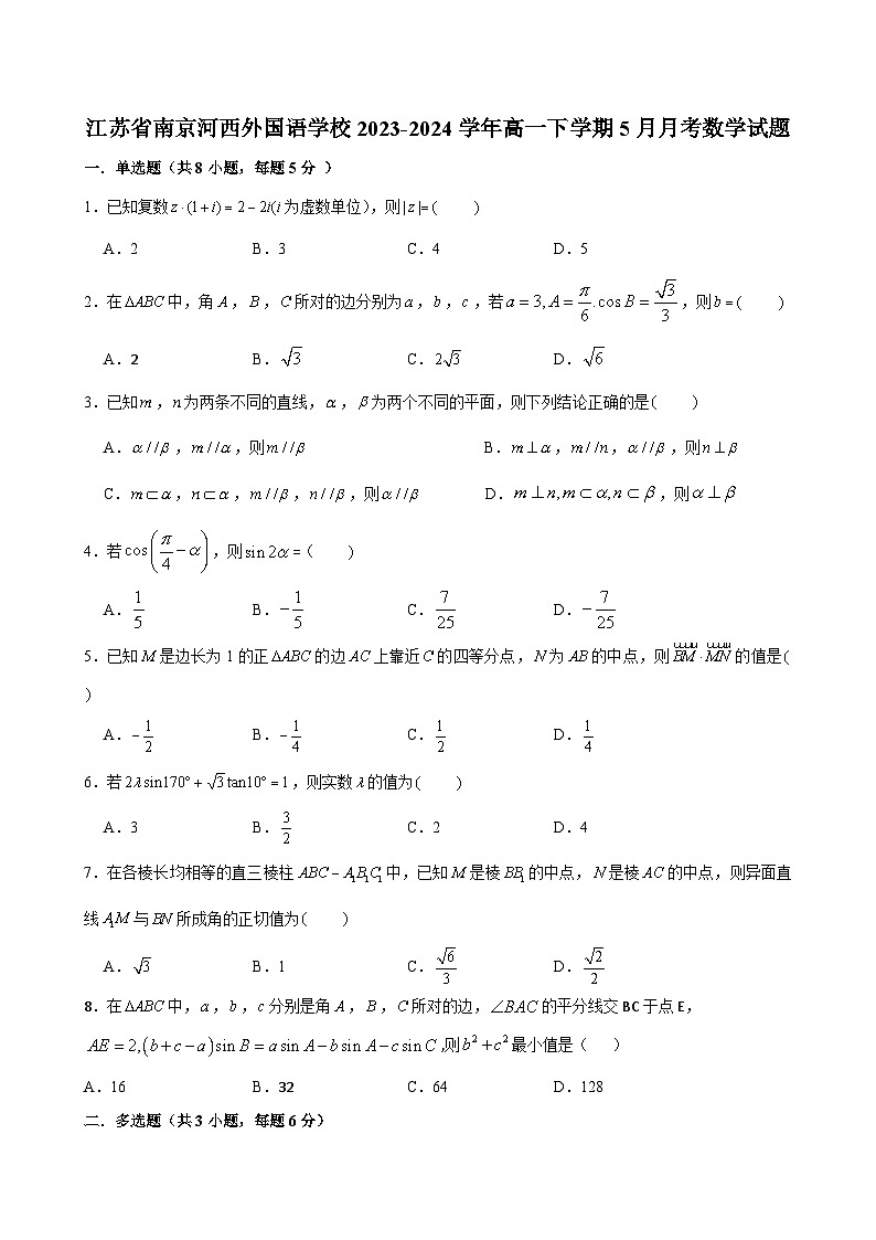 江苏省南京河西外国语学校2023-2024学年高一下学期5月月考数学试题01