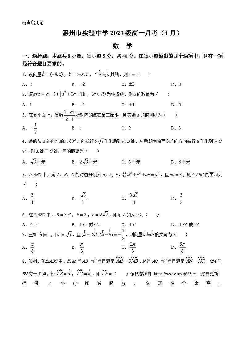 83，广东省惠州市实验中学2023-2024学年高一下学期4月月考数学试题(无答案)第1页