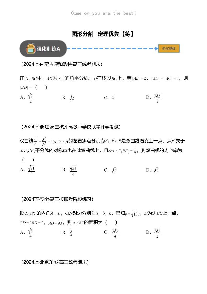 高考数学经典多题一解：三角形 [专题2] 图形分割 定理优先【 练】第1页