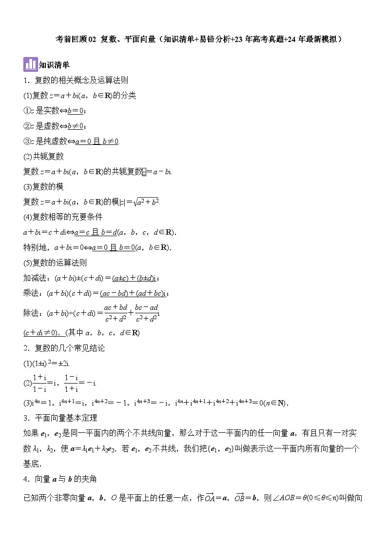 考前回顾02 复数、平面向量（清单+易错+23真题+24模拟）-高考数学重难点培优精讲01