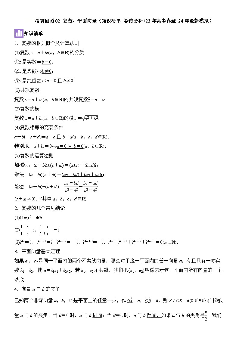 考前回顾02 复数、平面向量（清单+易错+23真题+24模拟）-高考数学重难点培优精讲01