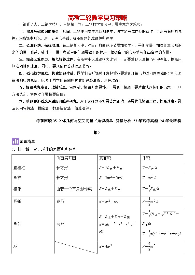 考前回顾05立体几何与空间向量（知识清单+易错分析+23年高考真题+24年最新模拟）解析版第1页
