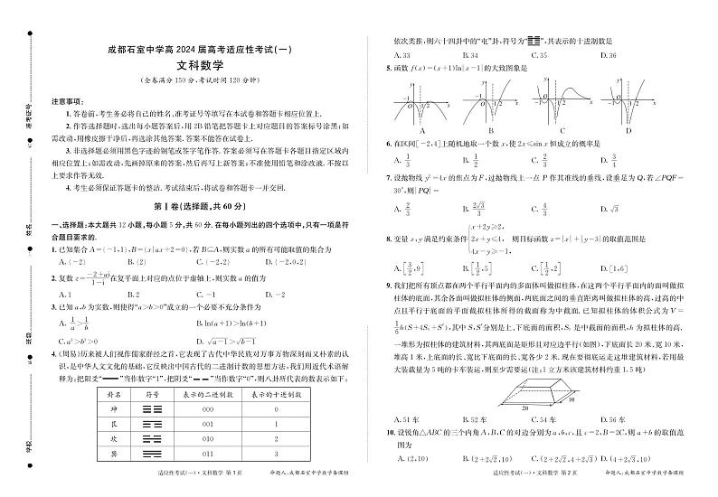 2024届四川省成都石室中学高三下学期高考适应性考试（一）文科数学试题01