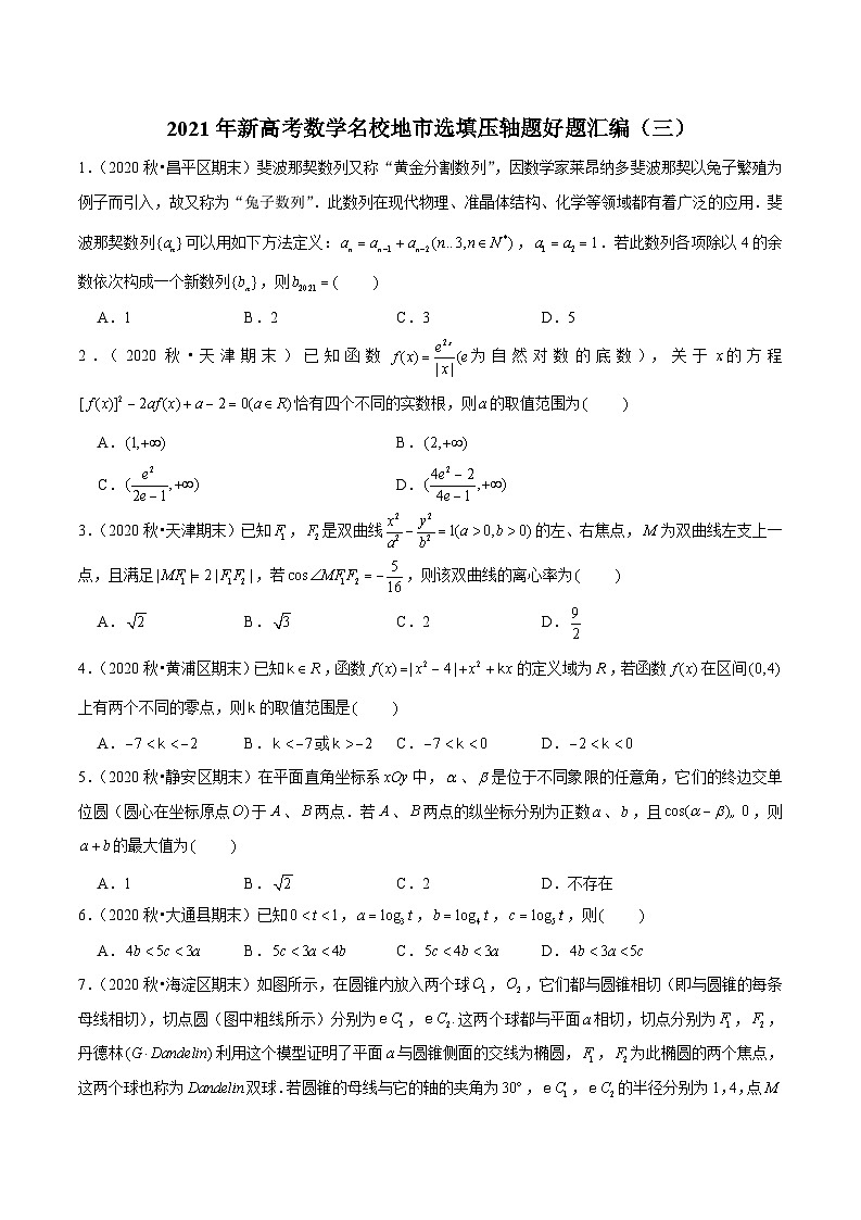 2021年新高考数学名校地市选填压轴题好题汇编（三）（原卷版）第1页