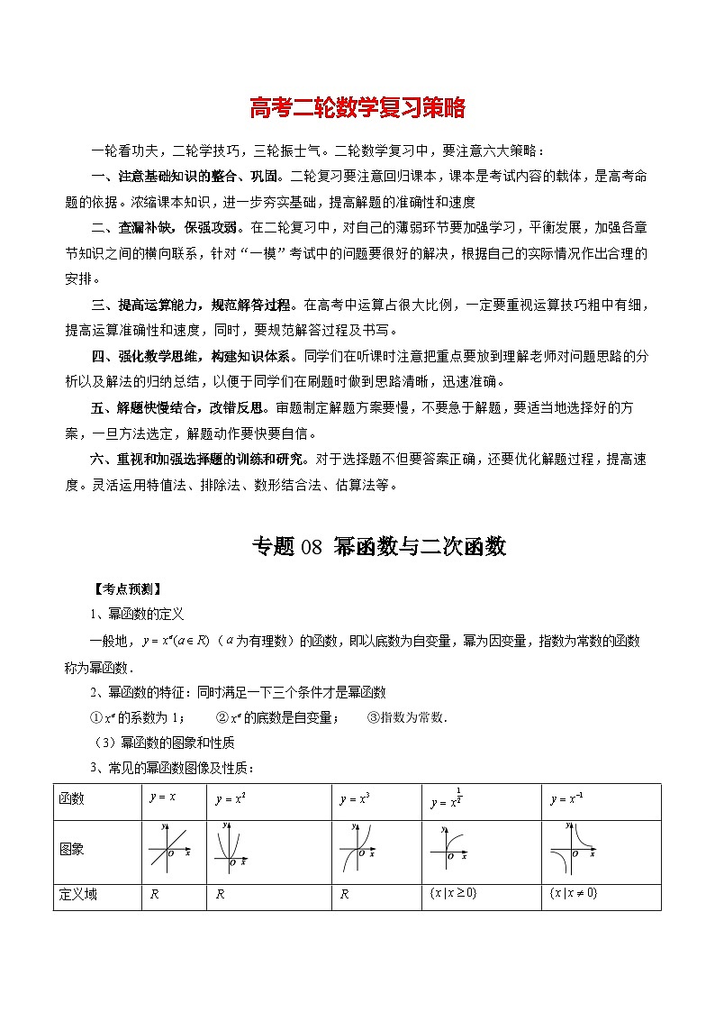 专题08 幂函数与二次函数-2024年新高考数学艺术生突破90分精讲01