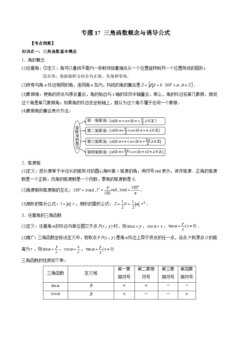 新高考数学大一轮复习讲义之方法技巧专题17三角函数概念与诱导公式(原卷版+解析)01