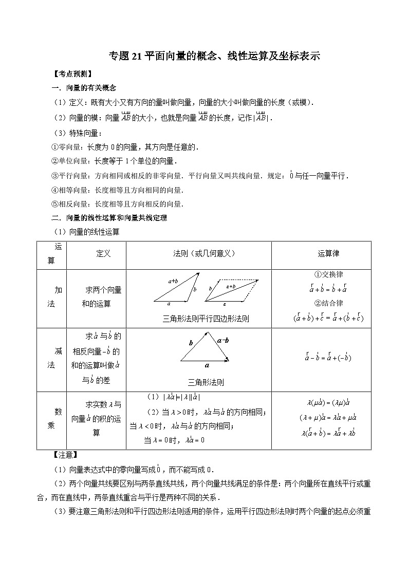 新高考数学大一轮复习讲义之方法技巧专题21平面向量的概念、线性运算及坐标表示(原卷版+解析)01