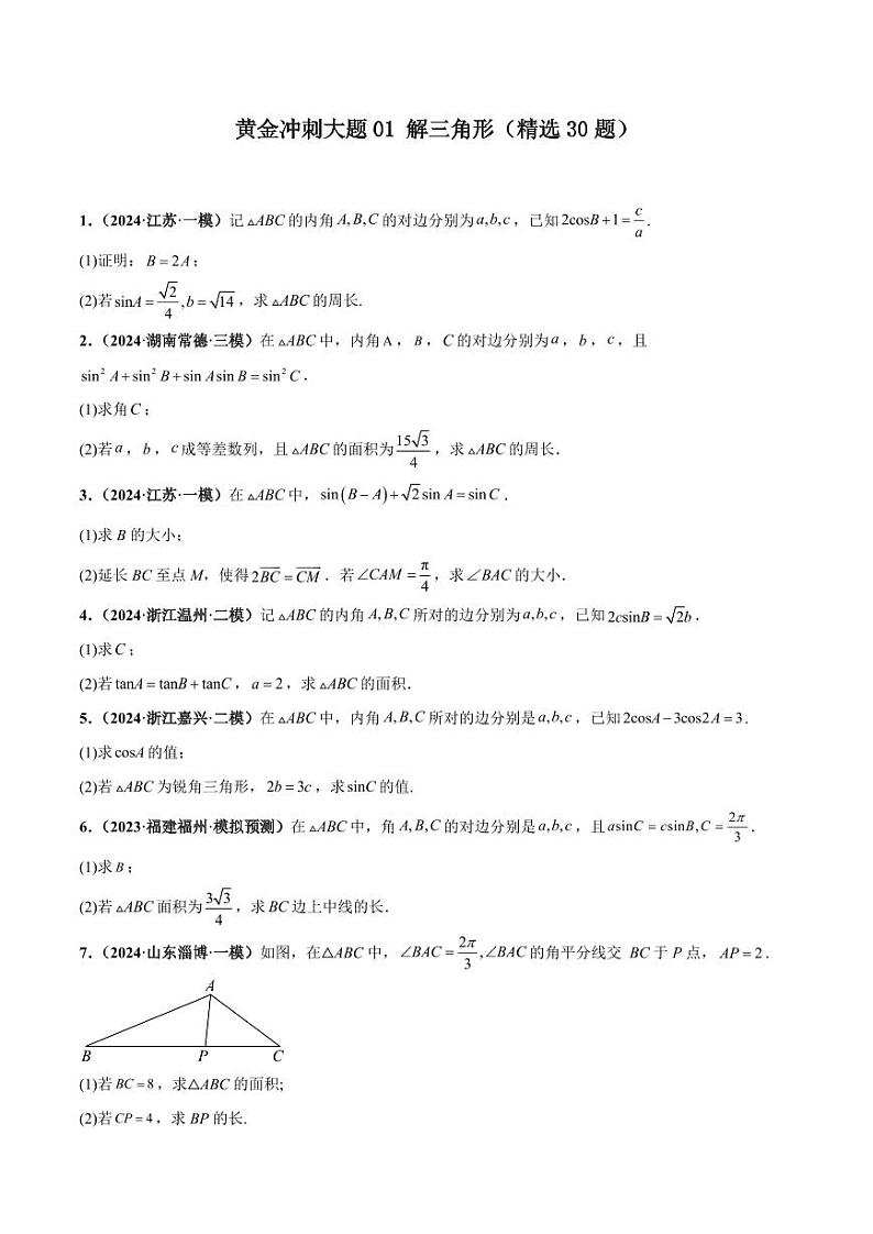 大题01 解三角形（精选30题）-【黄金冲刺】2024年考前15天高考数学极限满分冲刺（新高考通用）01