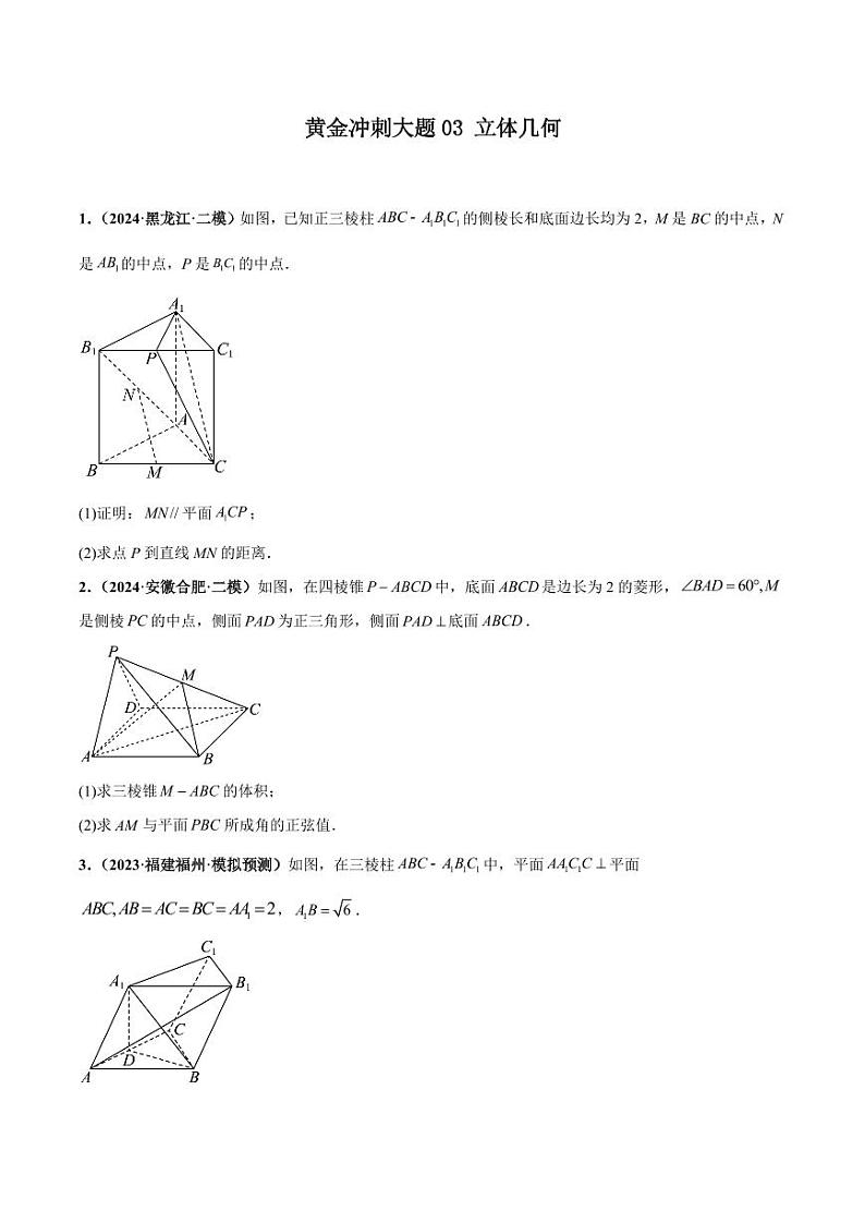 大题03 立体几何（精选30题）-【黄金冲刺】2024年考前15天高考数学极限满分冲刺（新高考通用）01