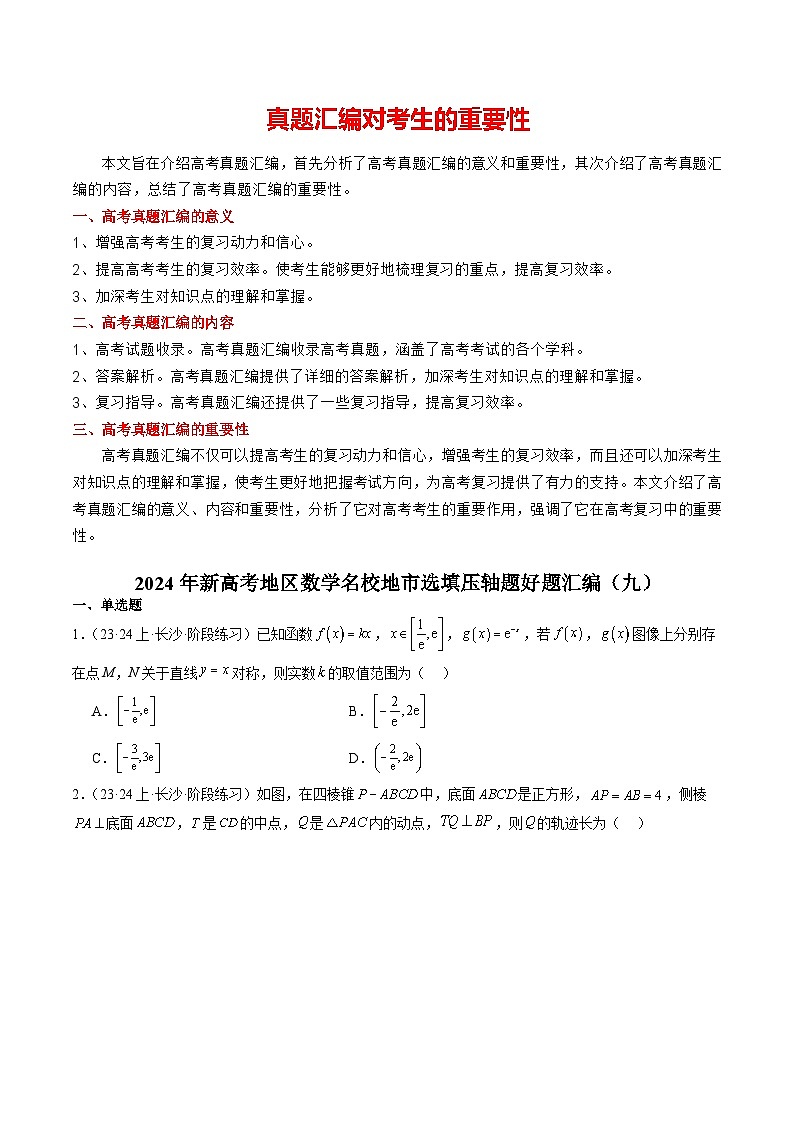 2024年新高考地区数学名校地市选填压轴题好题汇编（九）（原卷版）第1页