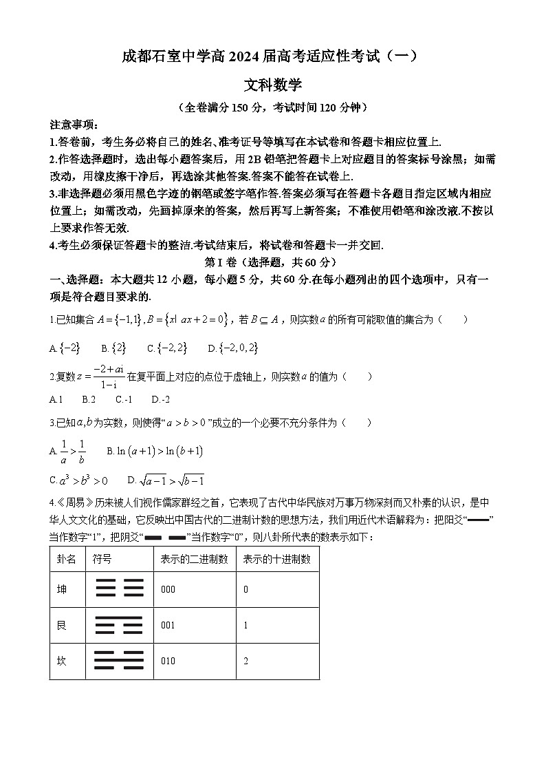 四川省成都市石室中学2024届高三下学期5月高考适应性考试（一）文科数学试题第1页