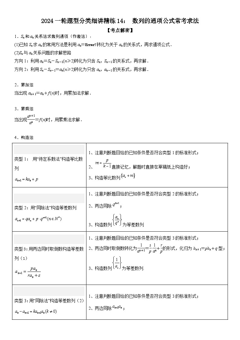 2024一轮题型分类细讲精练14： 数列的通项公式常考求法01