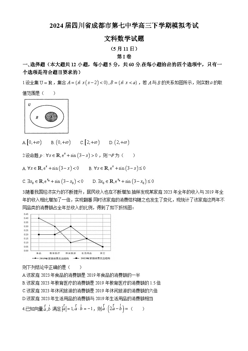 四川省成都市第七中学2024届高三下学期5月模拟考试数学（文）试题（Word版附答案）第1页