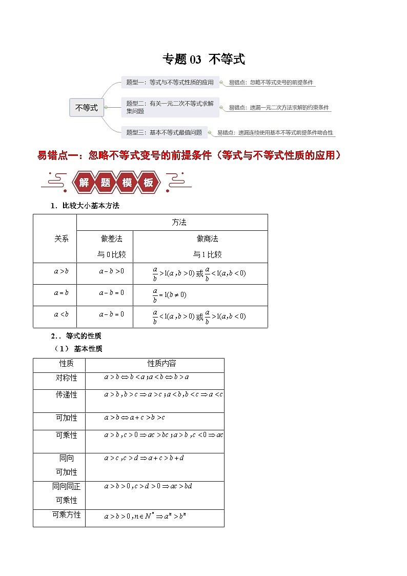 备战2024年高考数学易错题（新高考专用）专题03 不等式 Word版无答案第1页