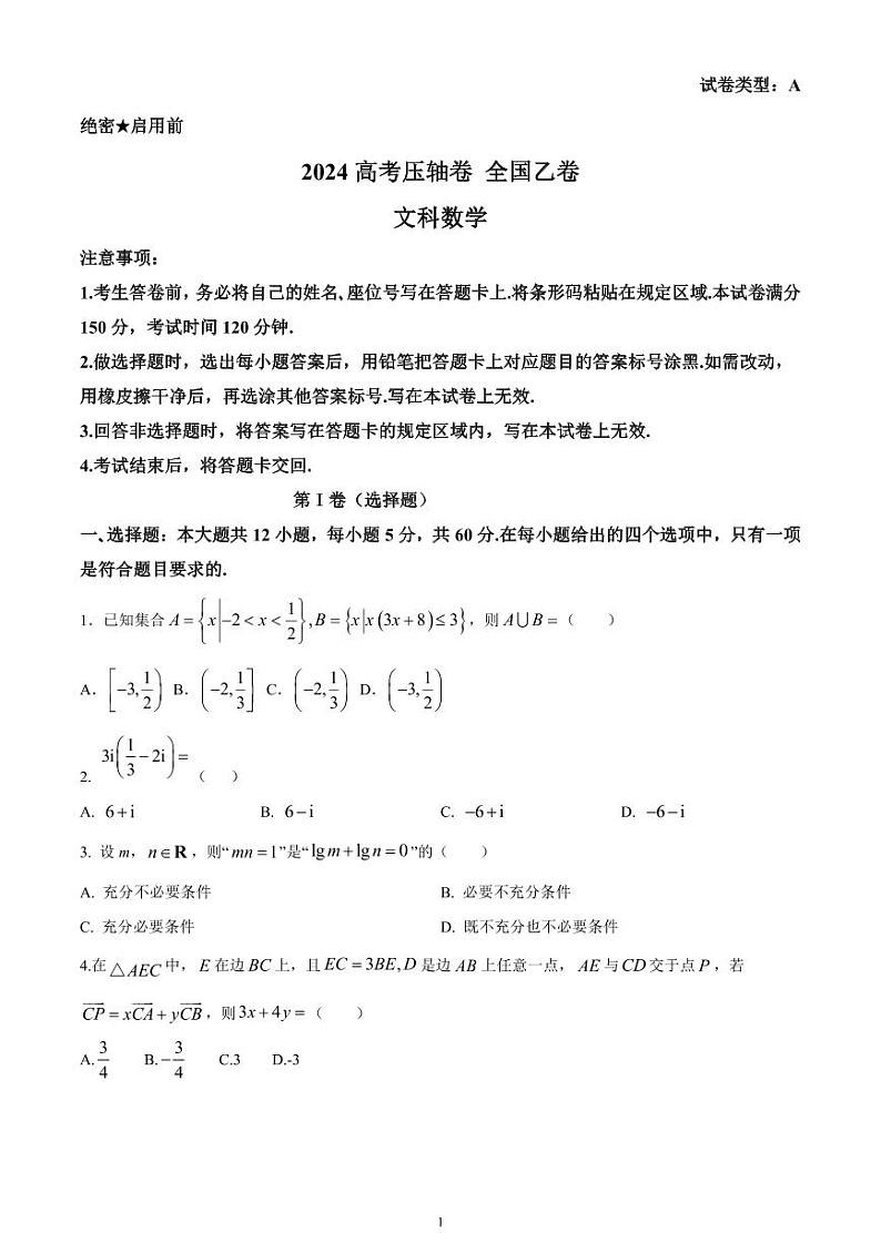 2024年高考压轴卷——数学（文）试题（全国乙卷） 含解析第1页