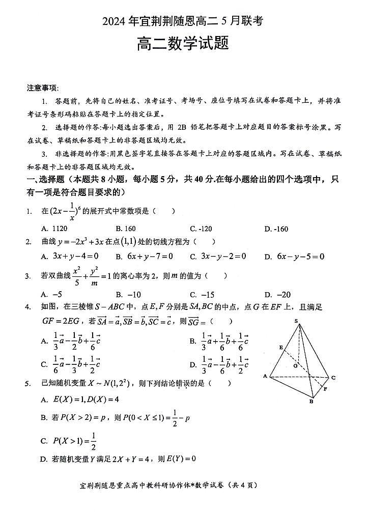 （新构架19题）湖北宜荆荆随恩2024年高二下学期5月联考数学试题（原卷版+含解析）01