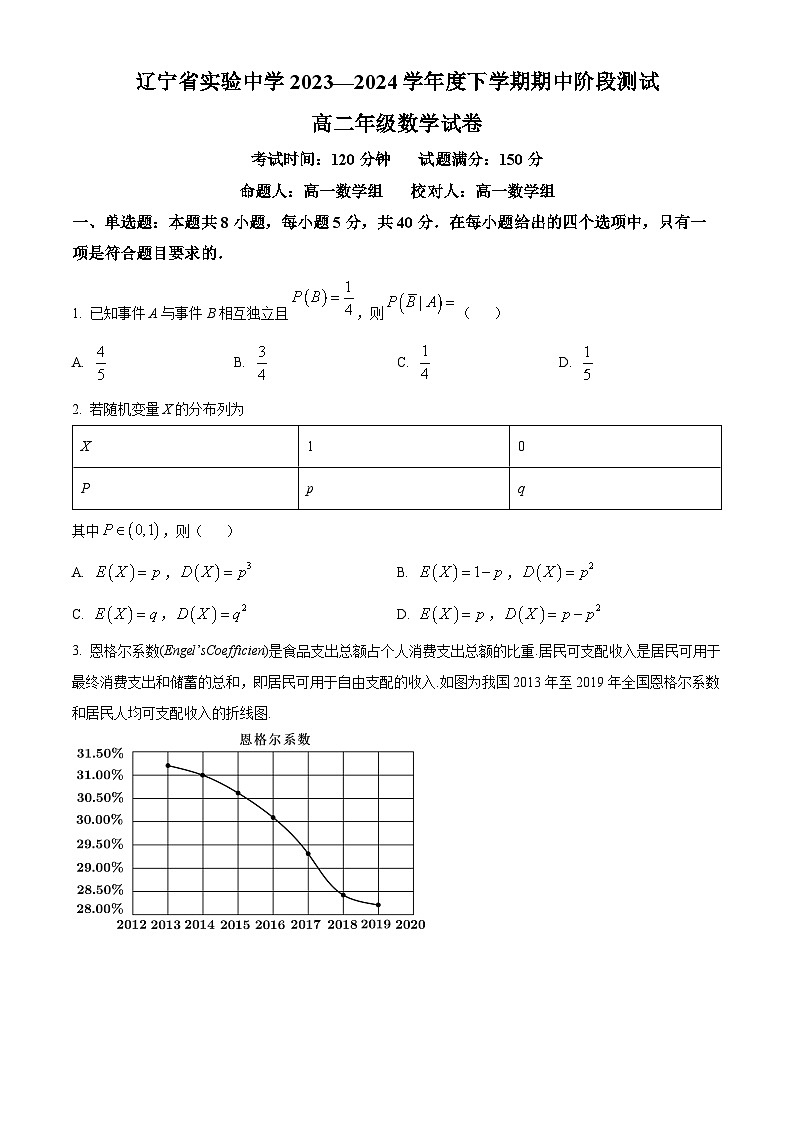 辽宁省实验中学2023-2024学年高二下学期期中阶段测试数学试卷（原卷版+解析版）01