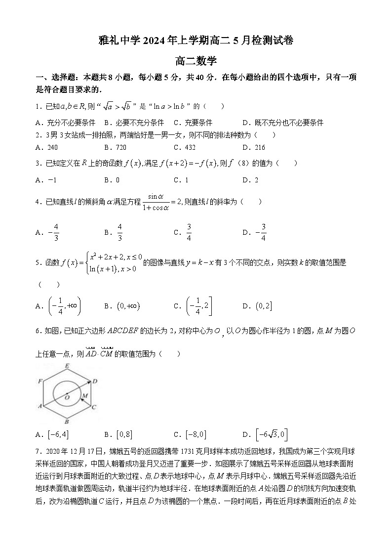 湖南省长沙市雅礼中学2023-2024学年高二下学期5月检测数学试题第1页