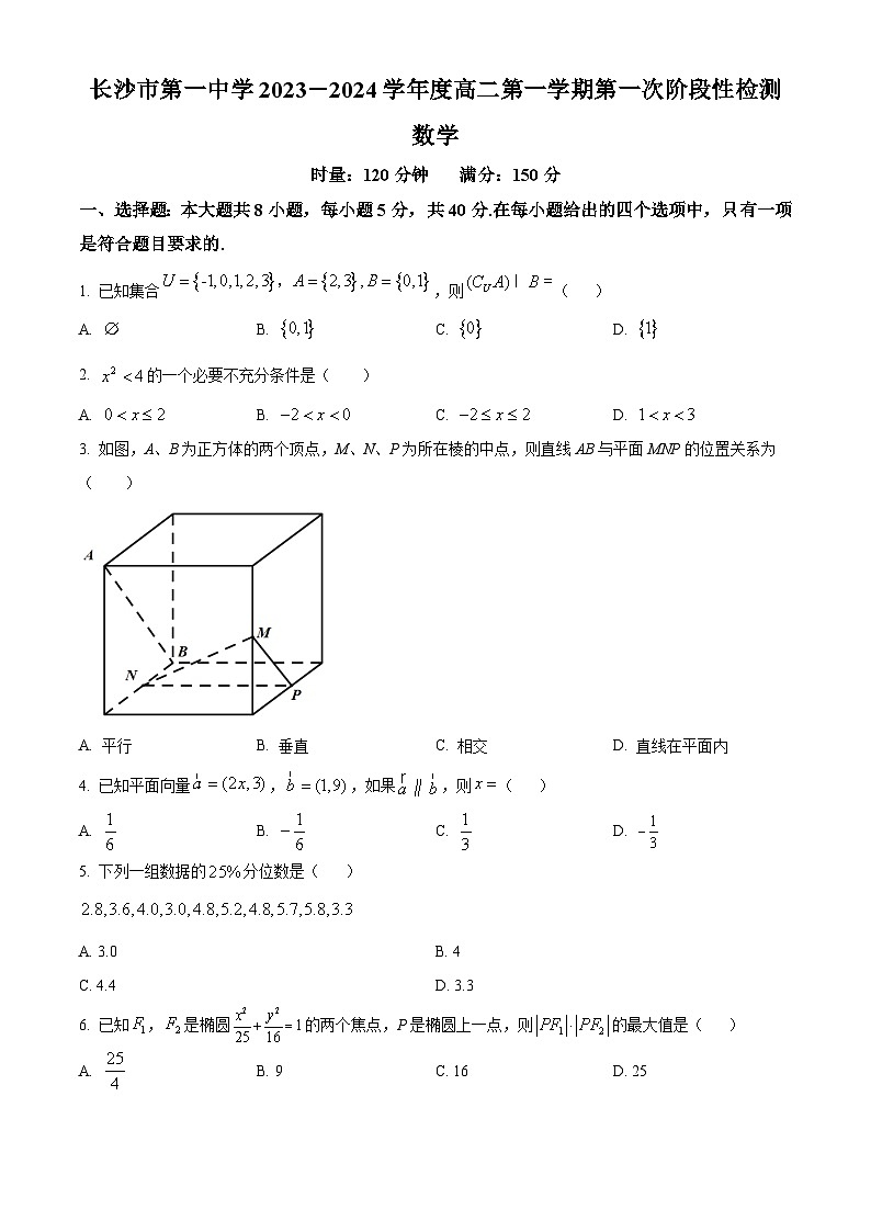 精品解析：湖南省长沙市第一中学2023-2024学年高二上学期第一阶段性检测数学试题（原卷版）第1页