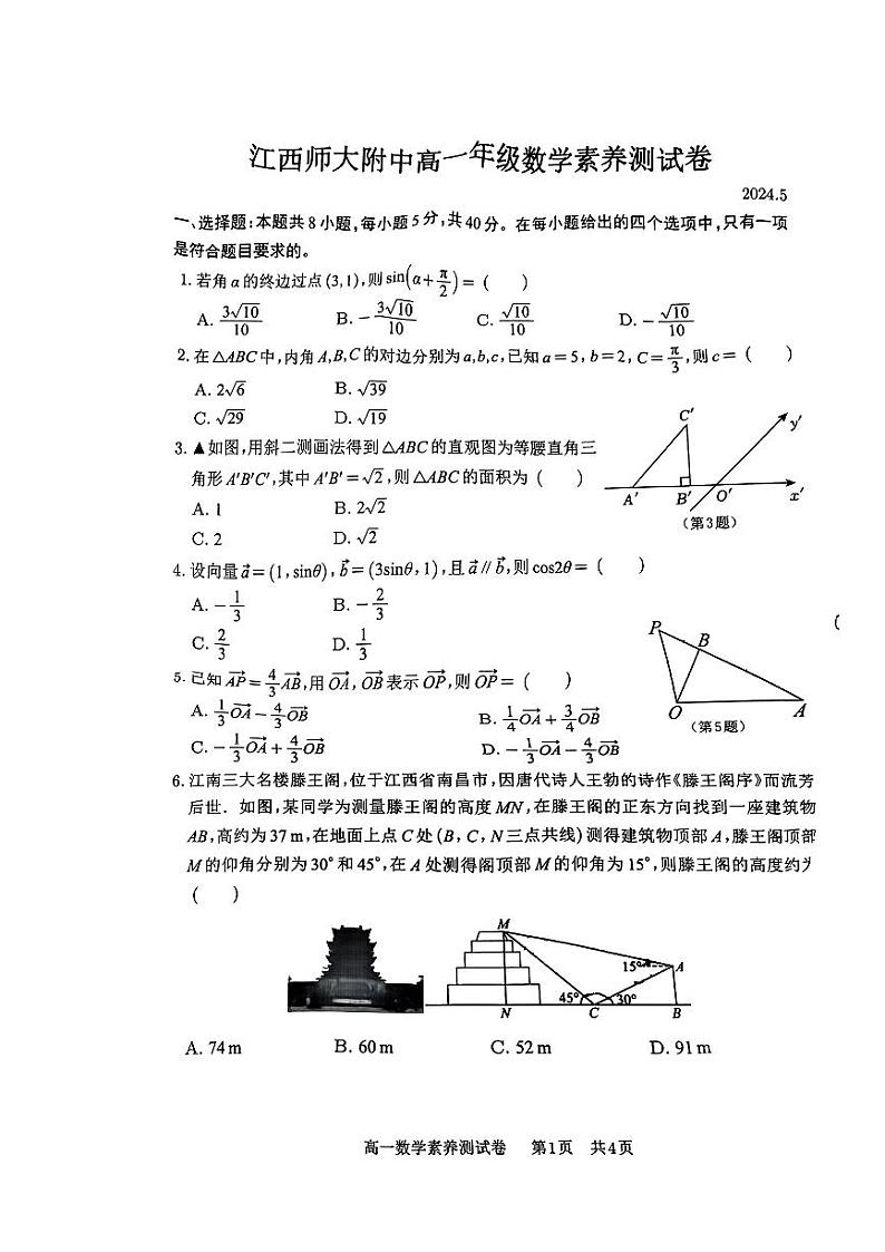 江西师范大学附属中学2023-2024学年高一下学期5月数学素养测试卷01