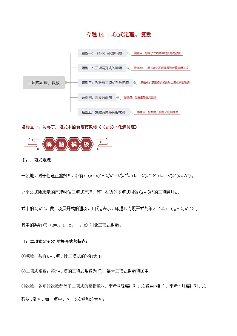 新高考专用备战2024年高考数学易错题精选专题14二项式定理复数教师版第1页