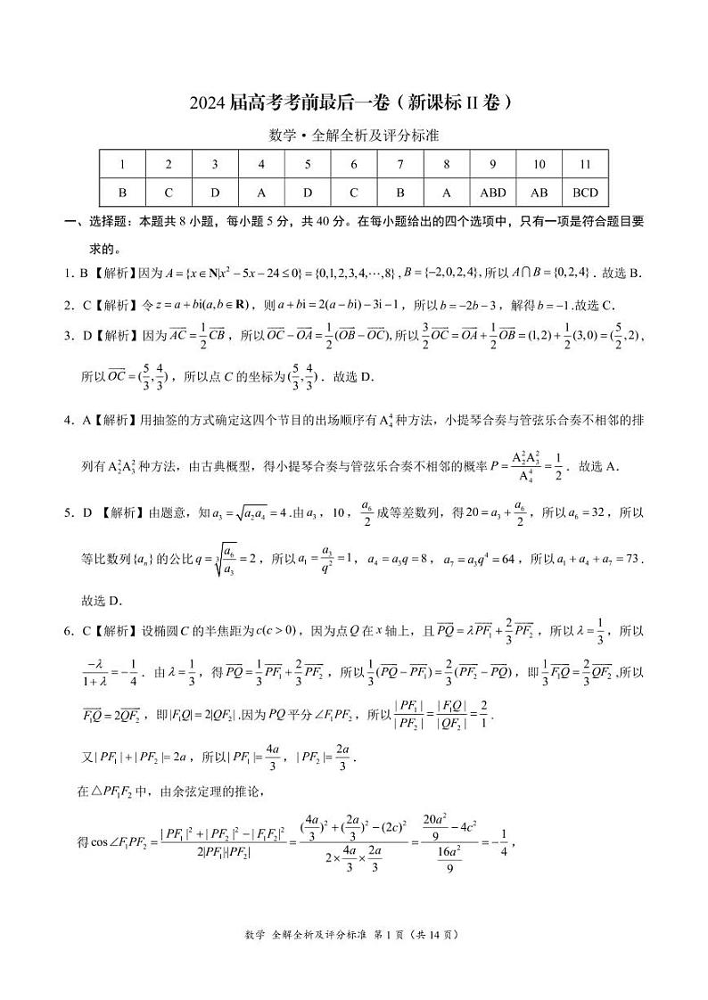 数学-2024届高考考前最后一卷（新课标II卷）（全解全析及评分标准）第1页