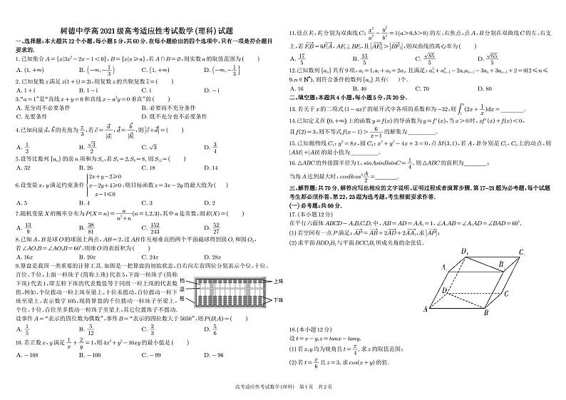四川省成都市树德中学2024届高三下学期高考适应性考试数学（理）试卷（PDF版附答案）第1页