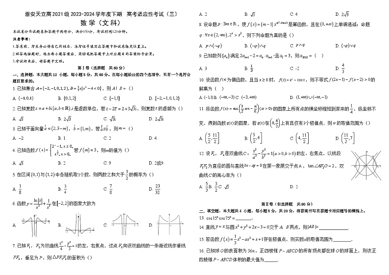 四川省雅安市神州天立学校2024届高三高考适应性考试（三）数学（文）试题01