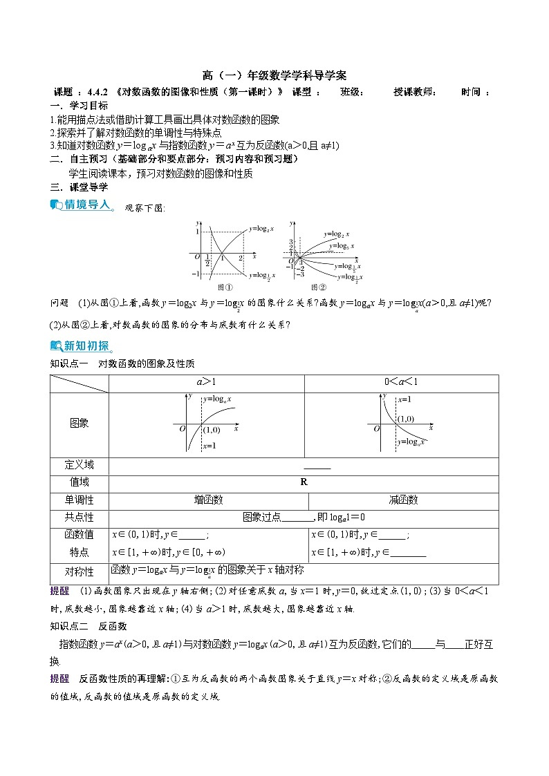 新人教A版 高中数学必修第一册 4.4.2《对数函数的图像和性质（第一课时）》导学案附答案01