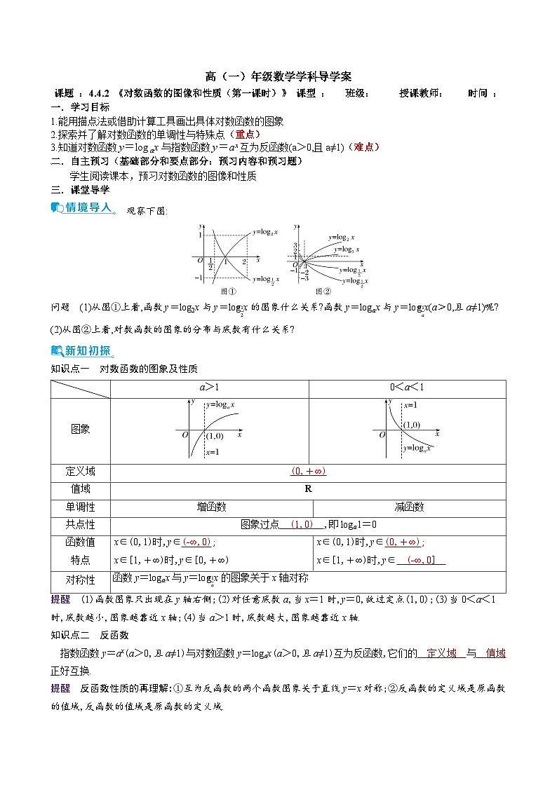 新人教A版 高中数学必修第一册 4.4.2《对数函数的图像和性质（第一课时）》导学案附答案01