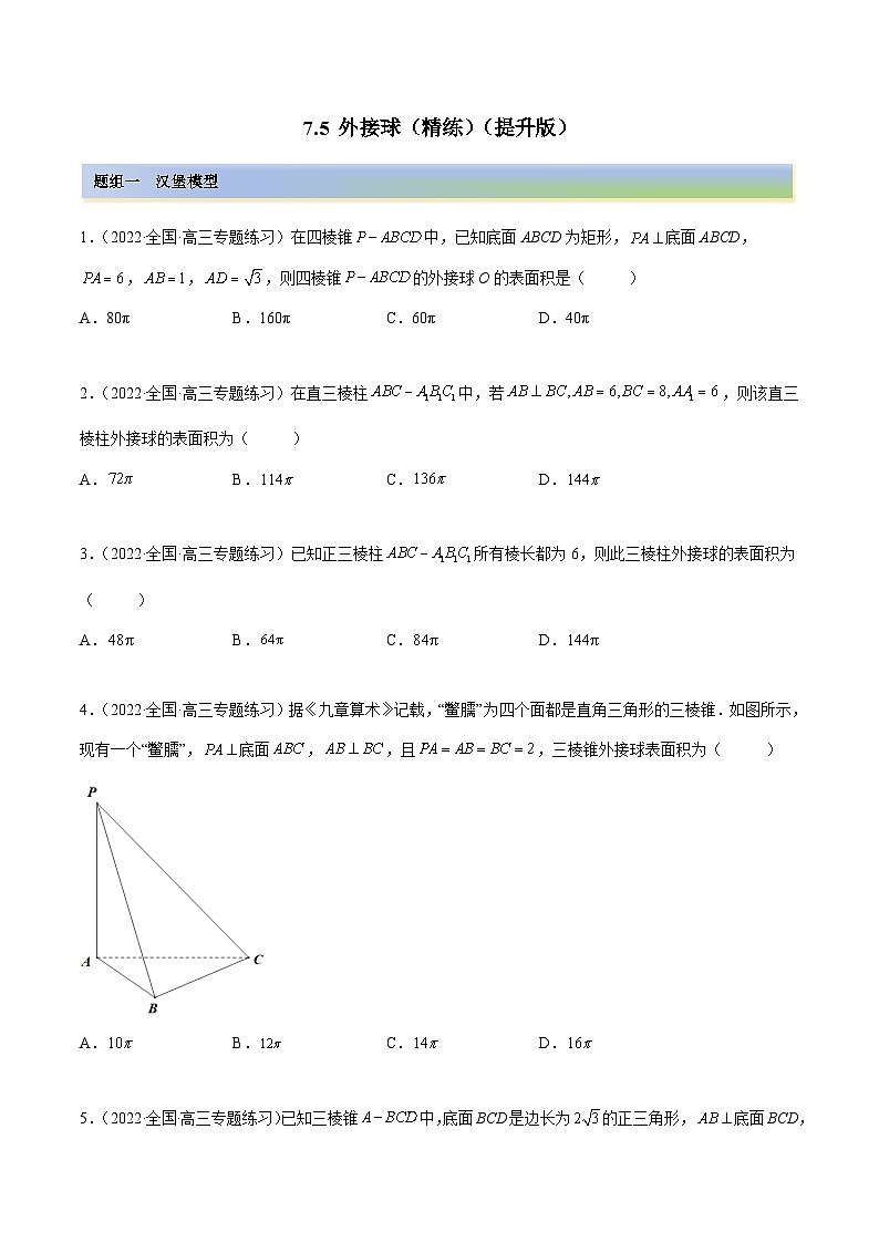 备战2024年高考数学一轮复习7.5外接球(精练)(原卷版+解析)第1页