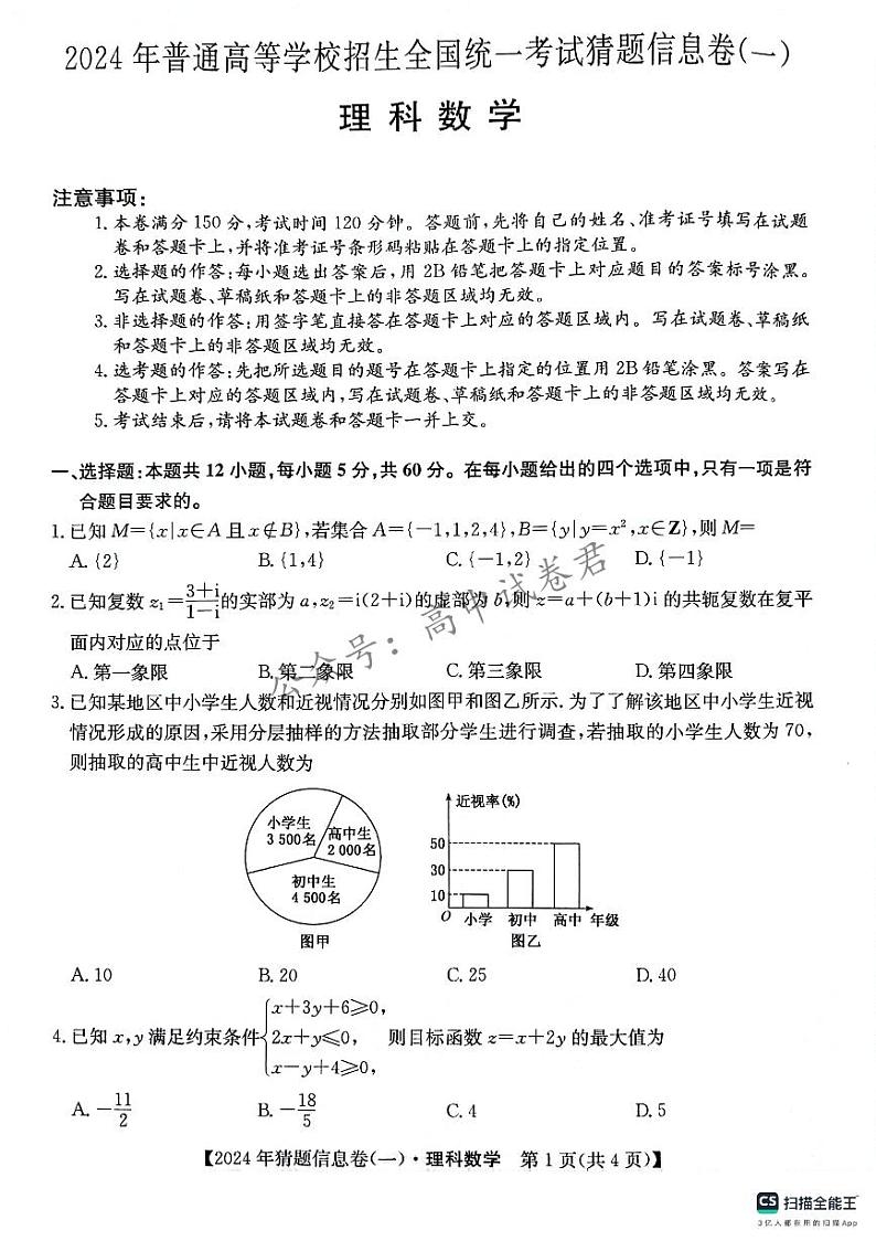 铜川市王益中学高三第十次模拟考试理科数学试题第1页