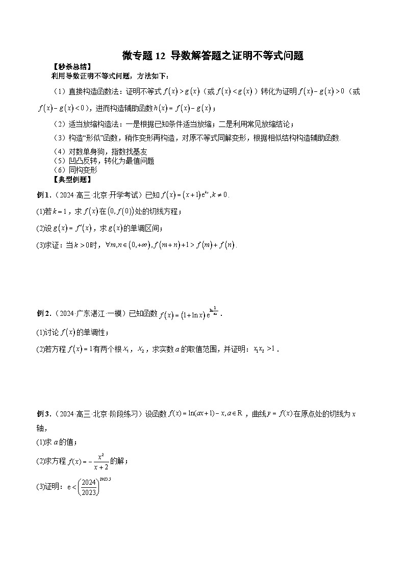 微专题12 导数解答题之证明不等式问题 -2024年新高考数学二轮复习微专题提分突破140分（原卷版）第1页
