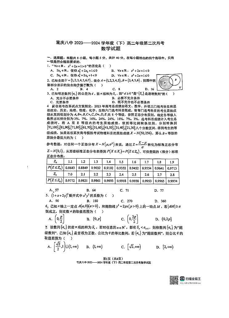 重庆市第八中学校2023-2024学年高二下学期第二次月考数学试题01