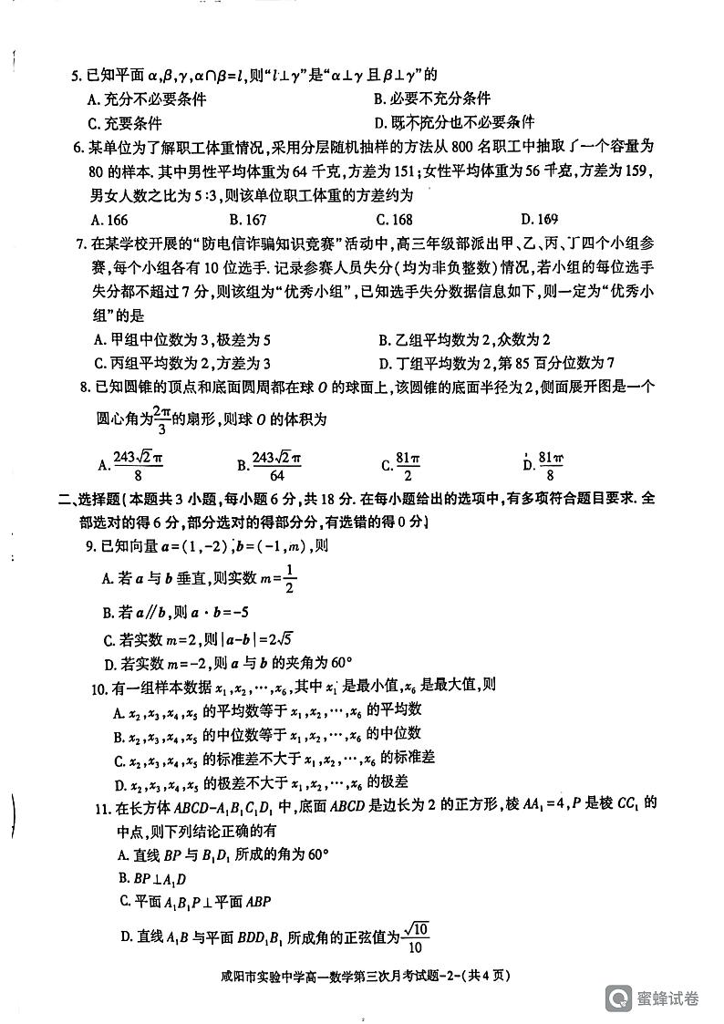 陕西省咸阳市实验中学2023-2024学年高一下学期5月月考数学试题第2页