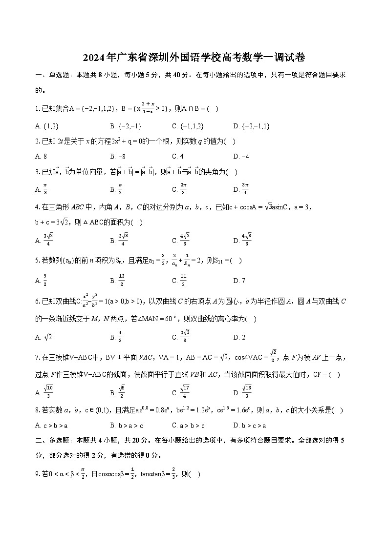 2024年广东省深圳外国语学校高考数学一调试卷（含详细答案解析）01