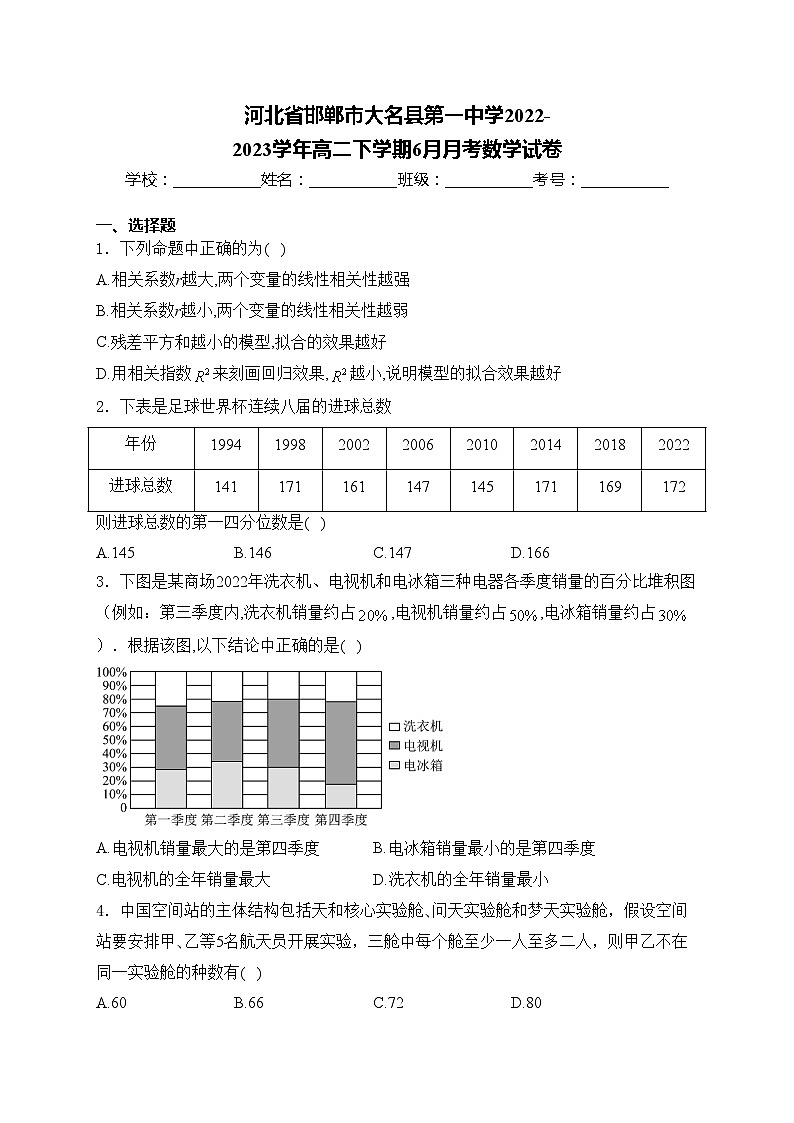 河北省邯郸市大名县第一中学2022-2023学年高二下学期6月月考数学试卷(含答案)01