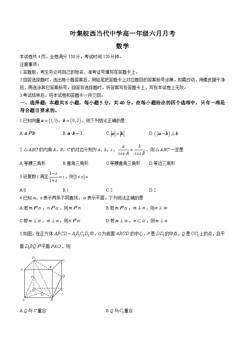 安徽省六安市叶集皖西当代中学2023-2024学年高一下学期6月月考数学试题(含答案)第1页