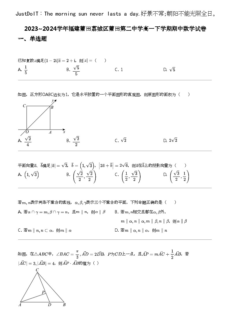 2023_2024学年福建莆田荔城区莆田第二中学高一下学期期中数学试卷01
