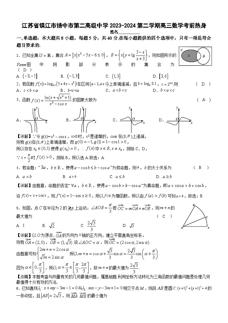 江苏省镇江市扬中市第二高级中学2023-2024第二学期高三数学考前热身（教师版）第1页