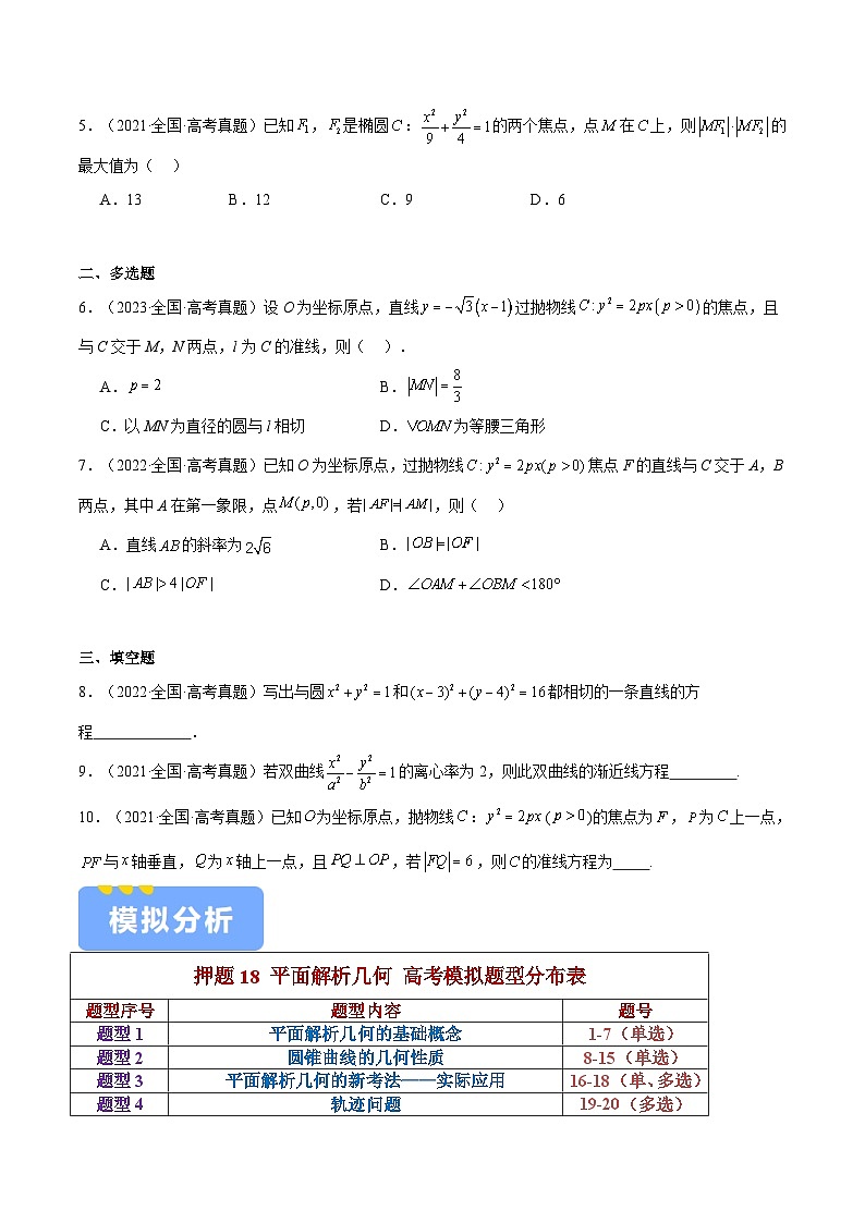 押题18 第1-6、9、12题 平面解析几何 （七大题型）（原卷版）-冲刺2024年高考数学考点押题模拟预测卷（新高考专用）第2页