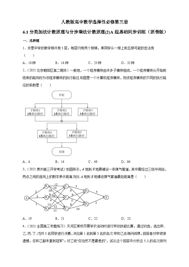 人教版高中数学选择性必修第三册6.1分类加法计数原理与分步乘法计数原理(2)A组基础同步训练（含解析）第1页